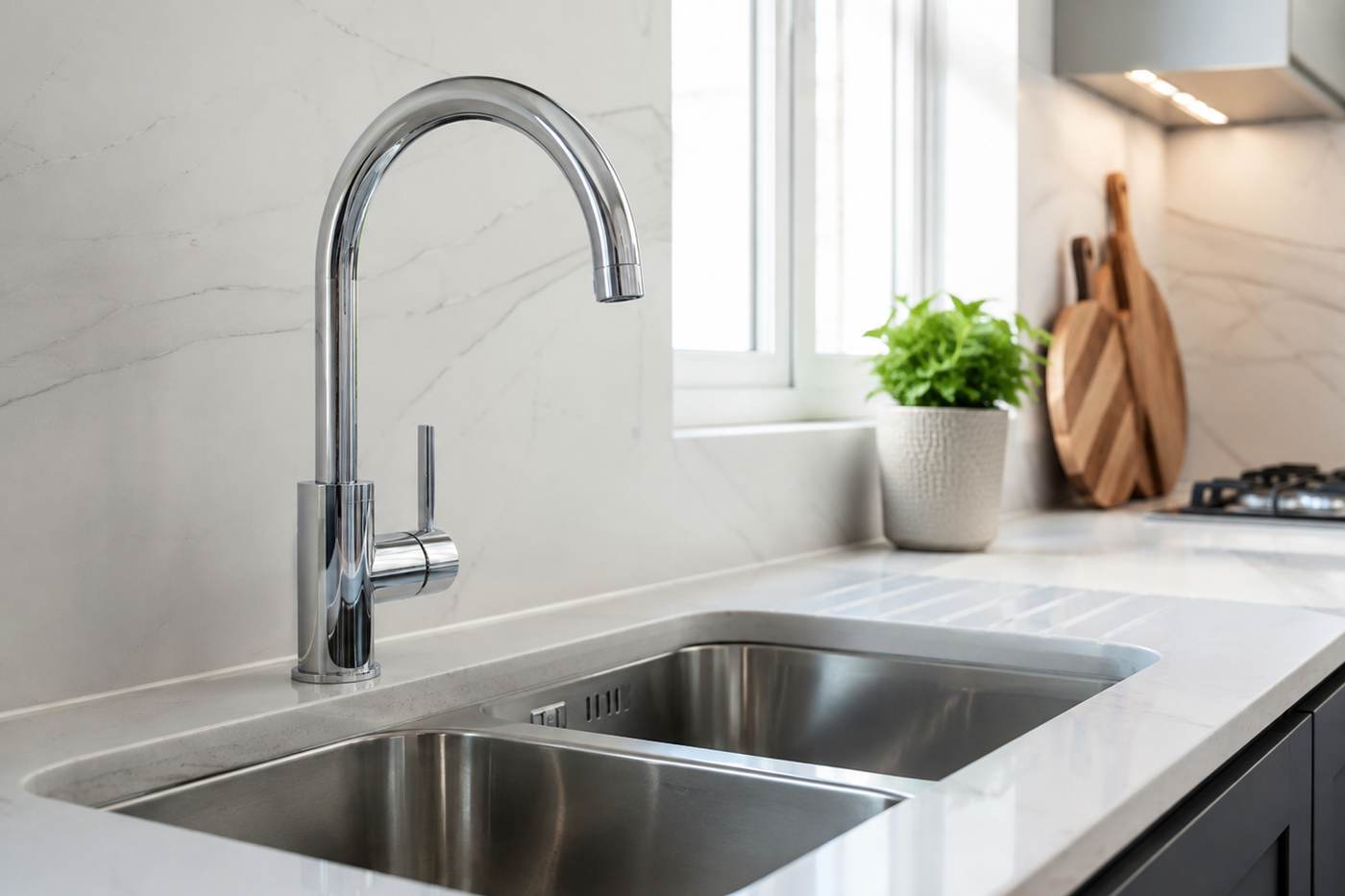 Close-up of a deep-cleaned kitchen sink, tap and marble-effect worktop