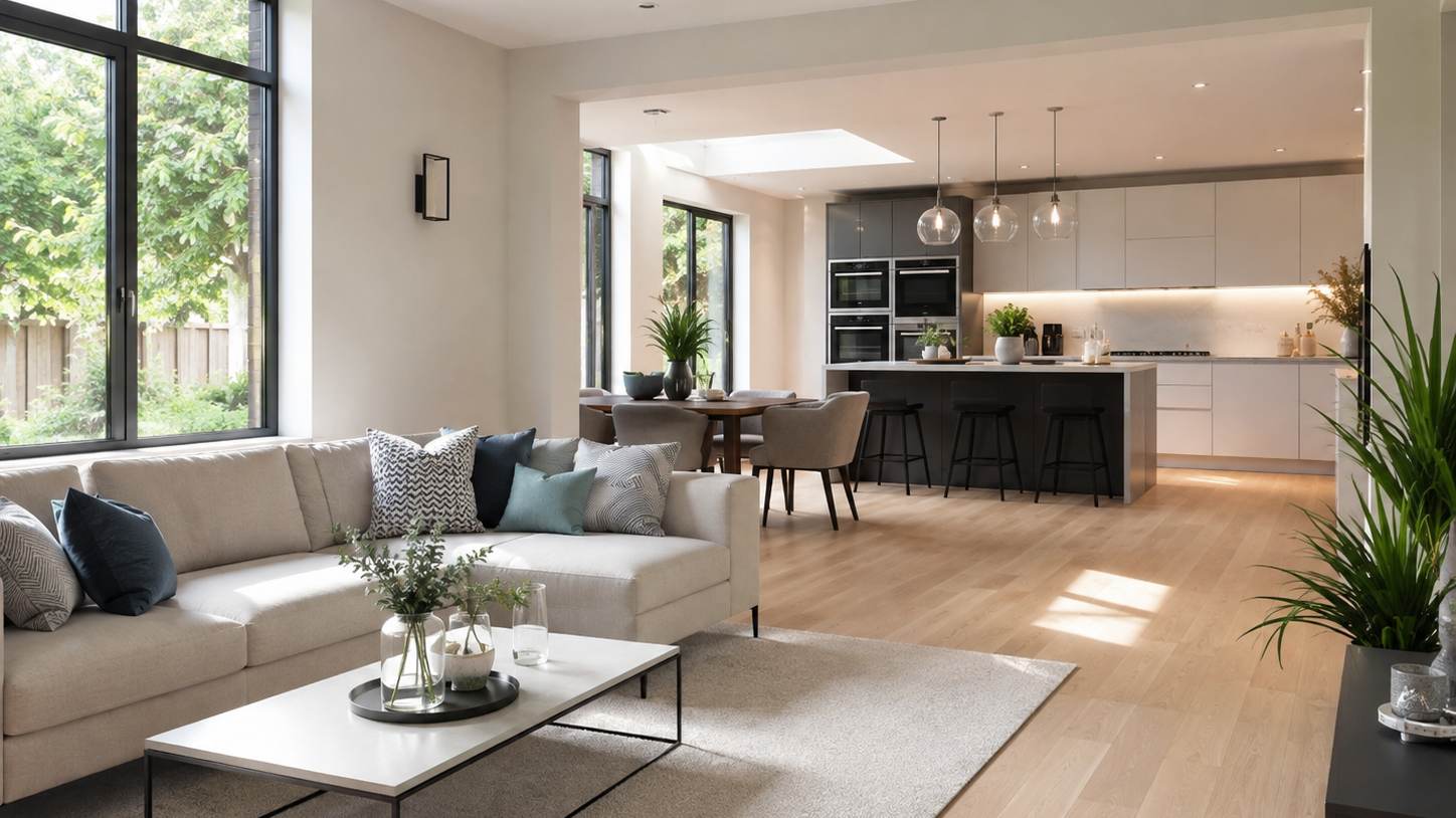 Bright, professionally finished open-plan living and kitchen space in a Manchester property, prepared and ready for its next occupant