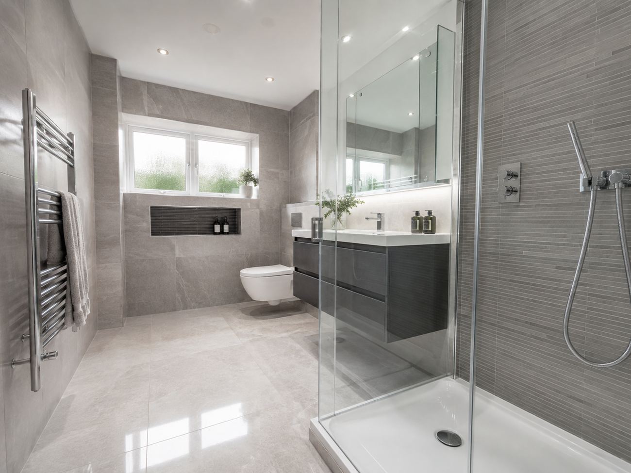 Vacant property bathroom labelled with the cleaning standard applied to the toilet, shower, window, mirror, floor, glass screen, towel rail and vanity