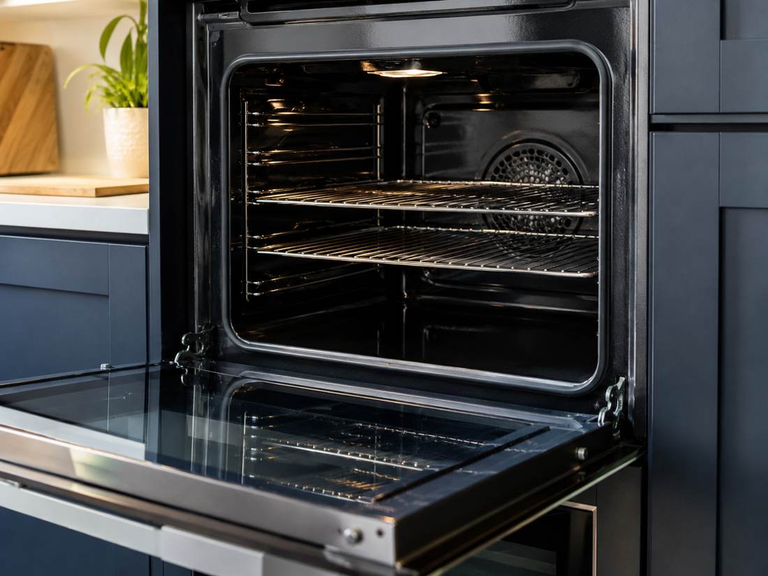 Interior of a professionally cleaned oven with sparkling shelves and glass door