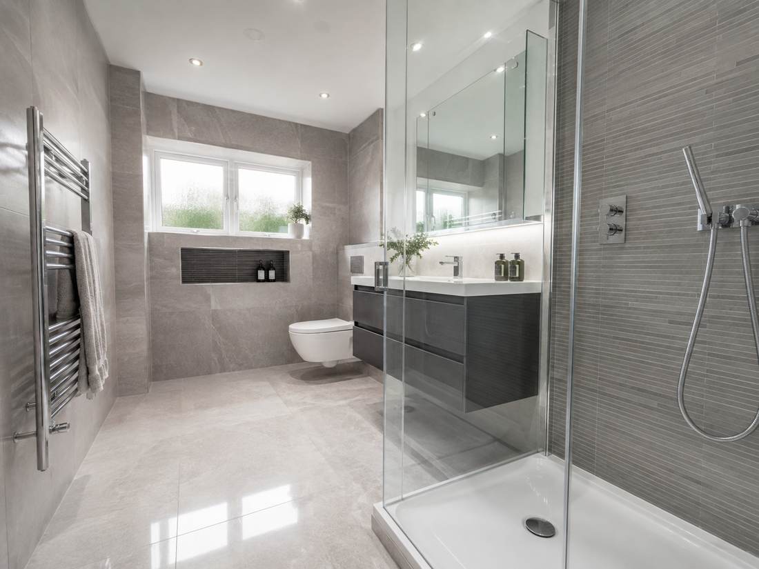 Spacious, spotless vacant property bathroom with walk-in shower, ready for the next occupant