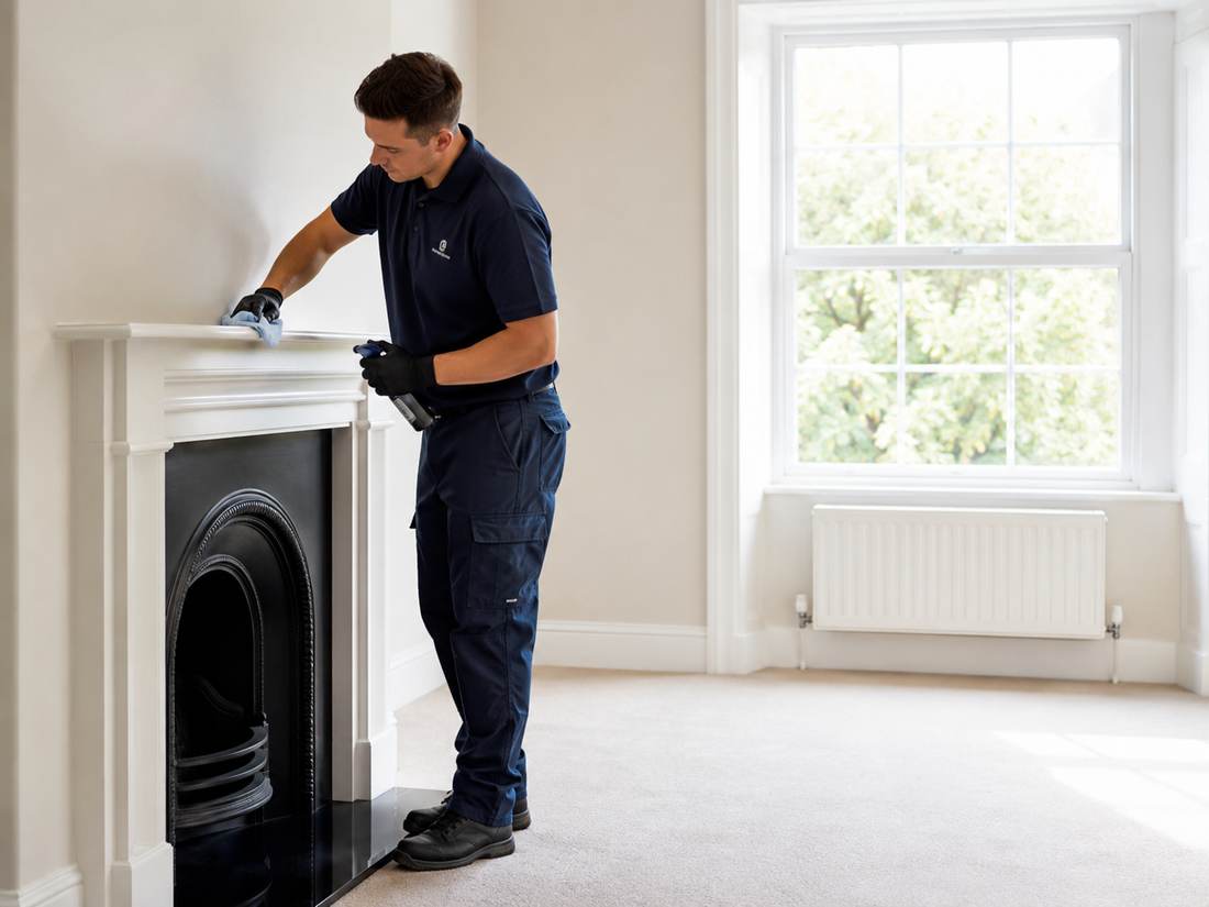 Northgate technician in branded uniform cleaning a fireplace mantel during an end of tenancy clean